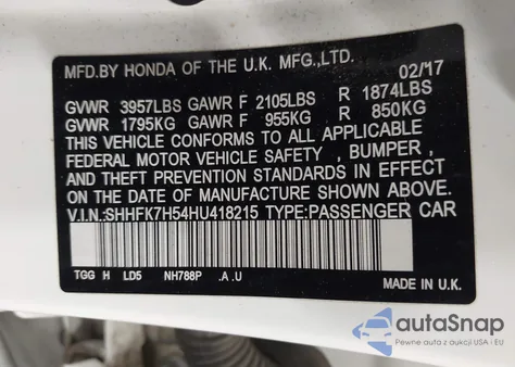 2017 Honda Civic Ex from USA, damaged, VIN SHHFK7H54HU418215